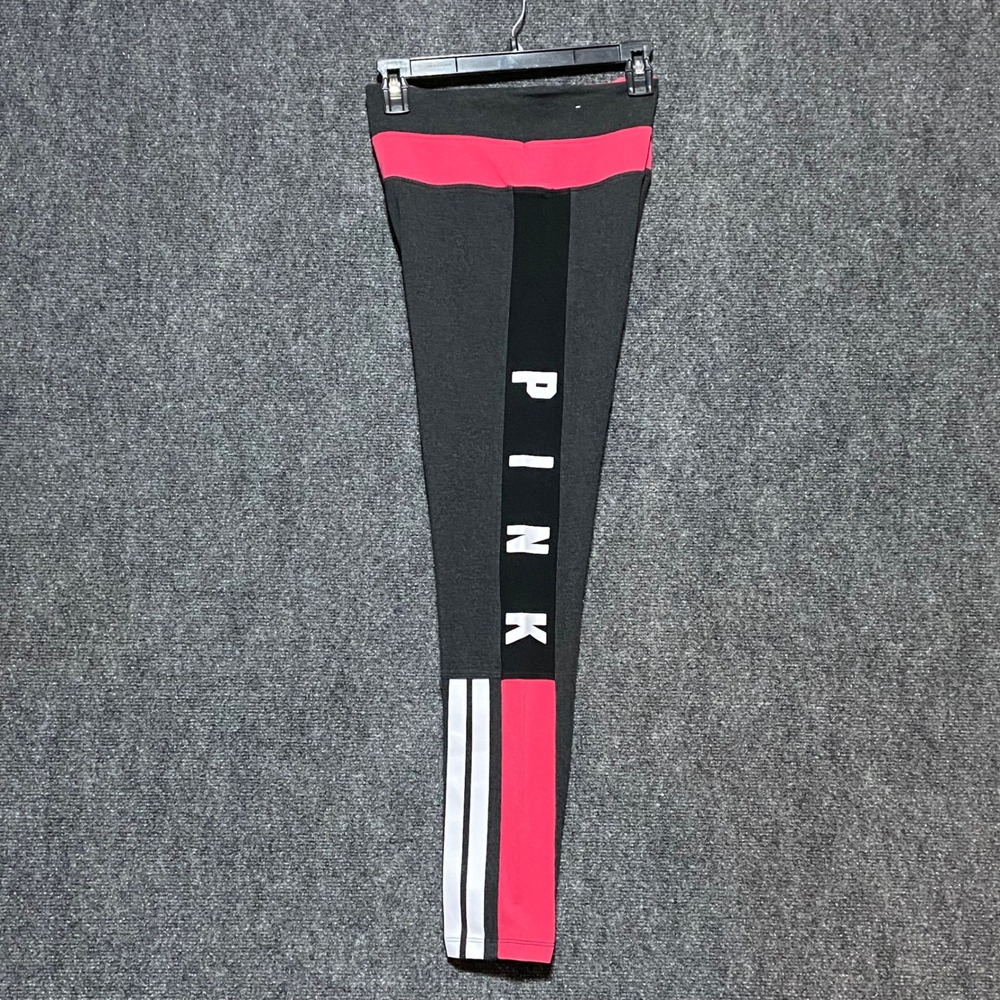 Victoria's Secret PINK High‎ Waist Yoga Leggings Gray Pink Logo Striped Medium